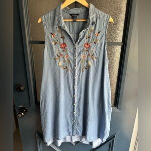 Embroidered Denim Sleeveless Mini Dress